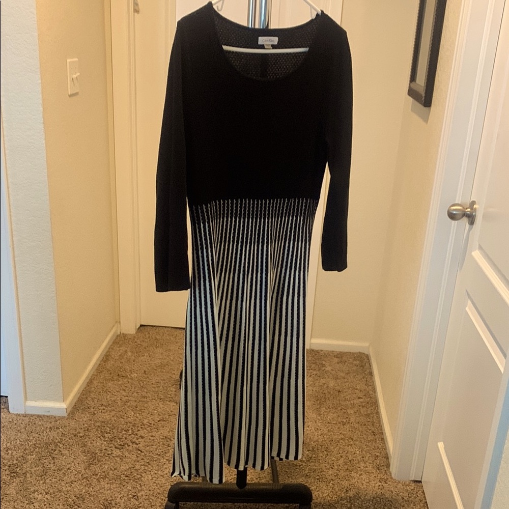 Calvin Klein Black and White Fit and Flare Long Sleeve Dress